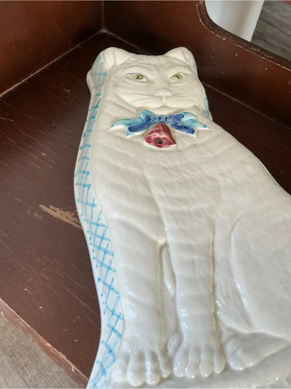Italian Ceramic Cat Wall Plaque Blue Bow Hand Painted Pottery Vintage Decor